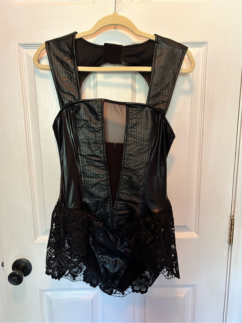 Large Spirit Black Lace-Trim Faux Leather Bodysuit